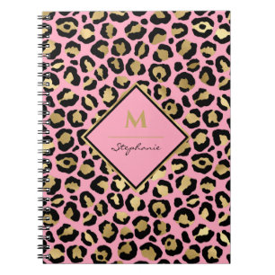 Caderno Espiral Estampa de Oncinha Rosa Quente e Preto com Monogra