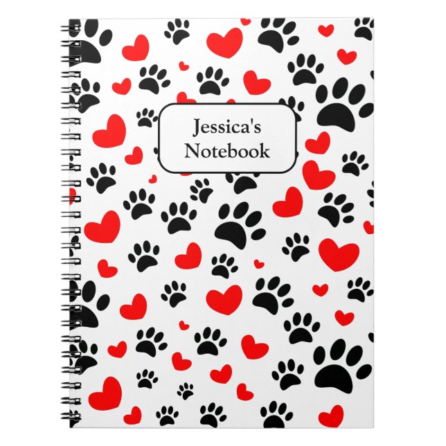 Caderno Espiral Estampas De Cães Aleatórias E Corações Vermelhos (Frente)
