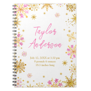 Caderno Espiral Estatísticas de Nascimento com Flocos de Neve Rosa