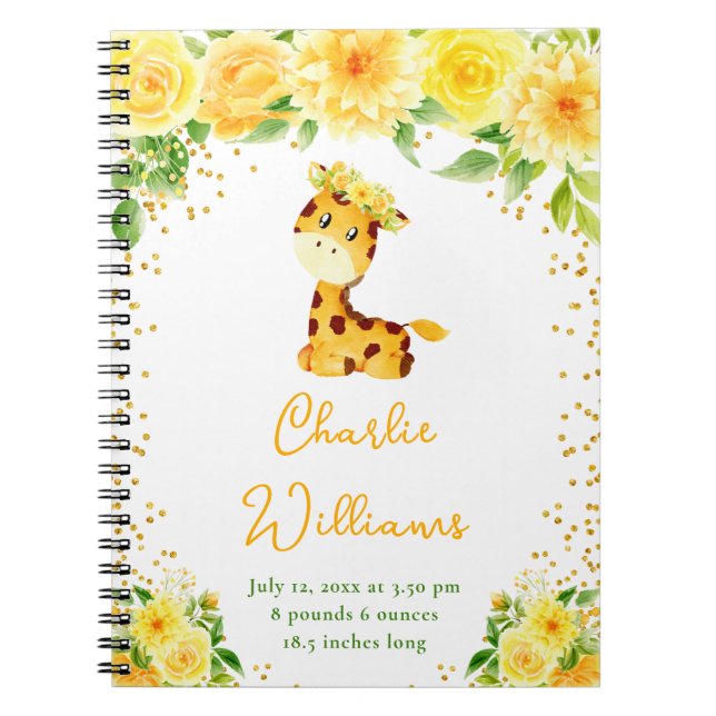 Caderno Espiral Estatísticas de Nascimento Floral Amarelo Giraffe (Frente)