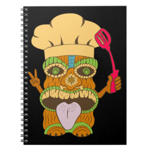 Caderno Espiral Estátua do Chef Tiki com Espátula, Preto Engraçado