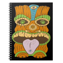 Caderno Espiral Estátua Tiki de Língua Roxa em Clima Psicodélico,