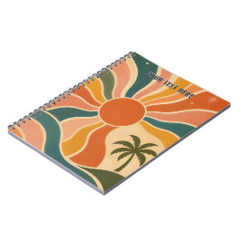 Caderno Espiral Estética Retro dos Anos 70 Pôr do Sol Ondas e Palm