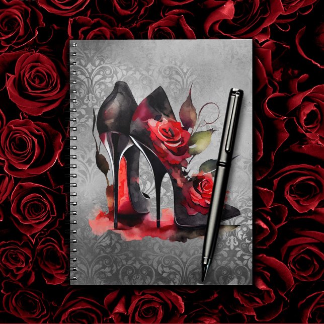 Caderno Espiral Estilettos Vermelhos Fashionistas Góticos com Rosa (Criador carregado)