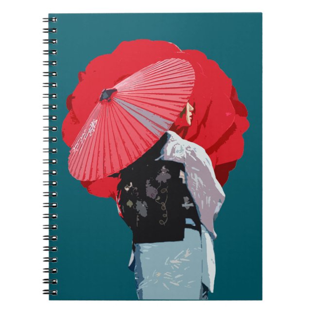 Caderno Espiral Estilizado Vermelho Figurativo Moda Japonesa (Frente)