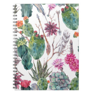Caderno Espiral Estilo Boho, Vintage Cactus Watercolor.