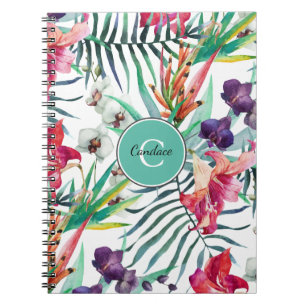 Caderno Espiral Estilo de Ilha Padrão Tropical com Monograma