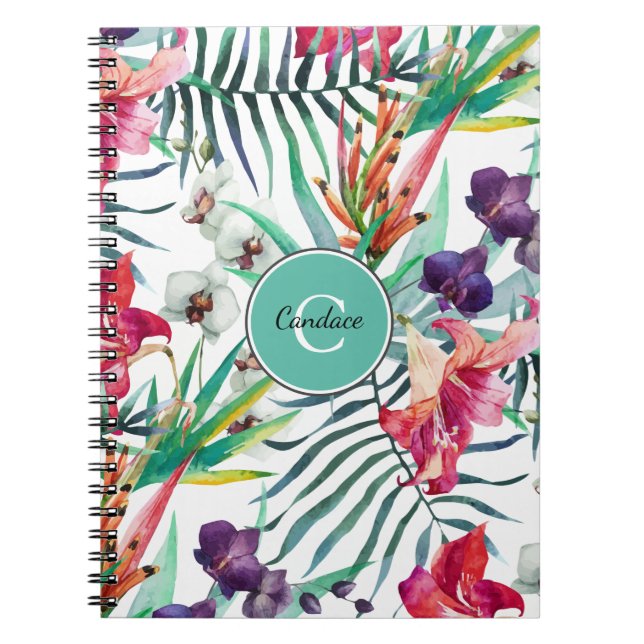 Caderno Espiral Estilo de Ilha Padrão Tropical com Monograma (Frente)