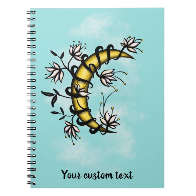 Caderno Espiral Estilo de texto de tatuagem de lua crescente envol (Frente)
