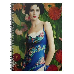Caderno Espiral Estilo Deco Elegante Mulher com Flores Grandes