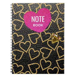 Caderno Espiral estilo falso de couro preto com corações dourados,