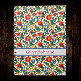 Caderno Espiral Estilo Floral Willam Morris Azul Vermelho Dourado