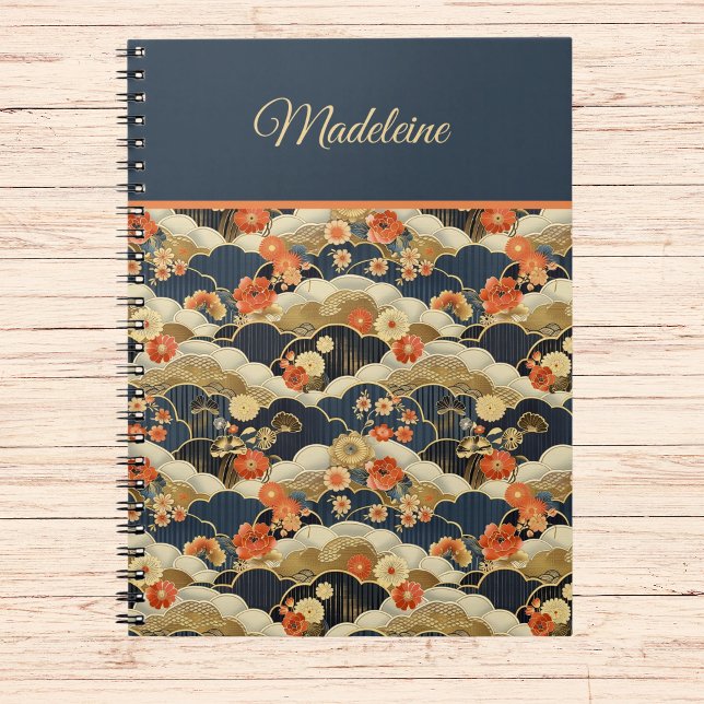 Caderno Espiral Estilo Japonês Retro Teal Floral Kimono (Criador carregado)