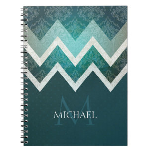 Caderno Espiral Estilo Vintage Aqua Chevron Nome Personalizado & M
