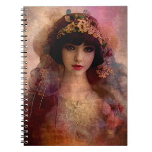 Caderno Espiral Estilo Vintage Retrato da Mulher Bonita em Rosa