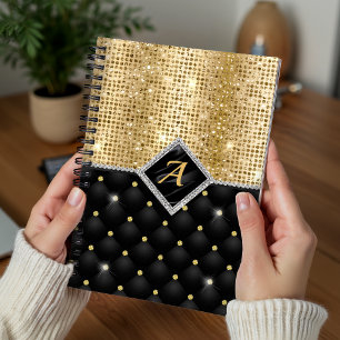 Caderno Espiral Estiloso monograma de diamante preto com cristal f