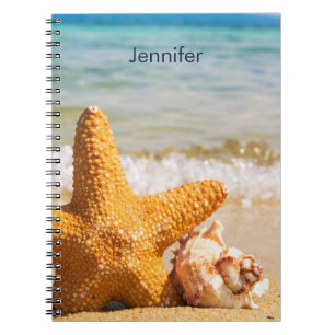 Caderno Espiral Estrela do mar e Seashells na praia personalizada