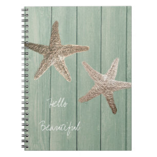 Caderno Espiral Estrela Dourada & Madeira Elegante Praia Personali