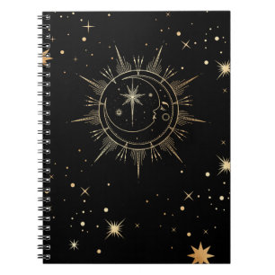 Caderno Espiral Estrelas Célestias Negras e Faux Douradas do Sol