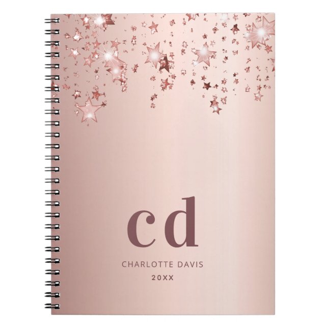 Caderno Espiral Estrelas das iniciais do monograma de rosa dourado (Frente)