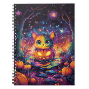 Caderno Espiral Estrelas de Espumante Gato num Patch de Abóbora de