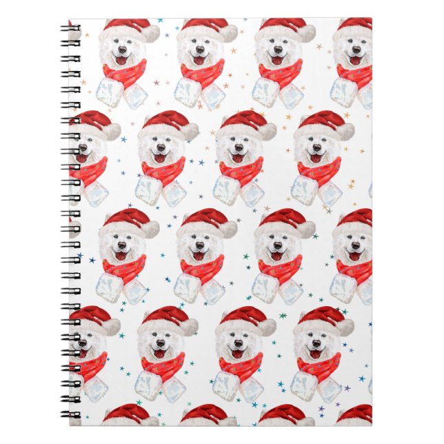 Caderno Espiral Estrelas de Natal da Raça de Cachorro Samoyed (Frente)