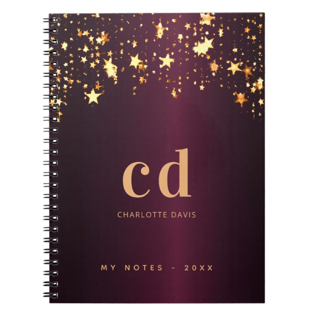 Caderno Espiral Estrelas de ouro borgonhetas, iniciais de monogram (Frente)