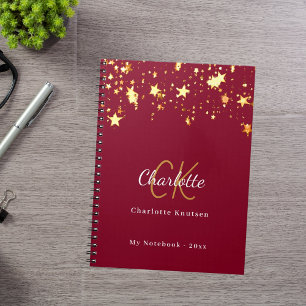 Caderno Espiral Estrelas de ouro borgonhetas: nome monograma