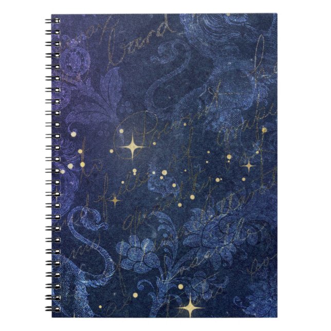 Caderno Espiral Estrelas de ouro celestiais texto desvanecido flor (Frente)