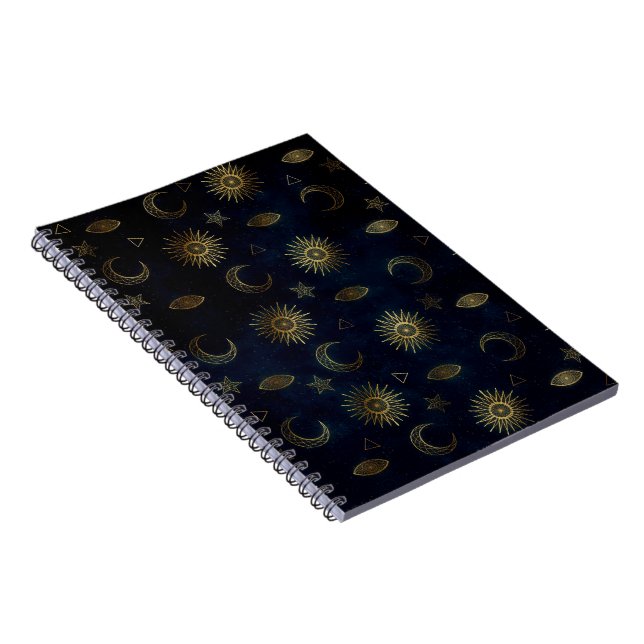 Caderno Espiral Estrelas Douradas da Lua Solar Celestial Azul (Lado Direito)