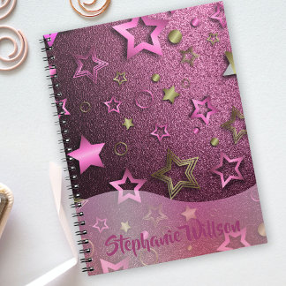 Caderno Espiral Estrelas Douradas Magenta Magenta Brilhantes, Bril