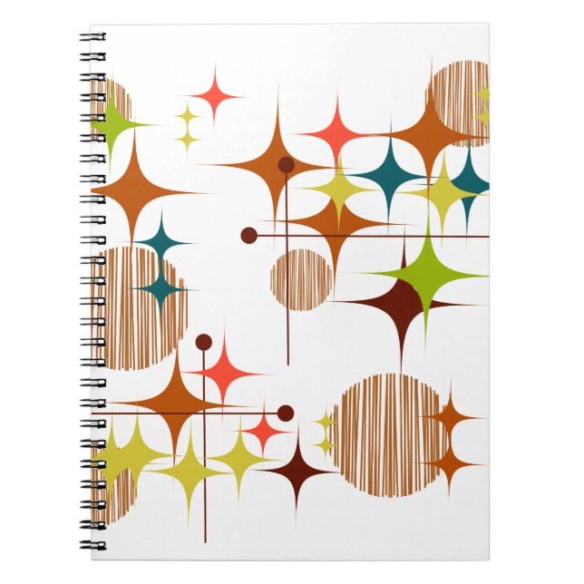 Caderno Espiral Estrelas e Globos Moderno de Meados do Século (Frente)