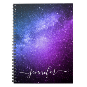 Caderno Espiral estrelas elegantes de galáxia roxa azul personaliz