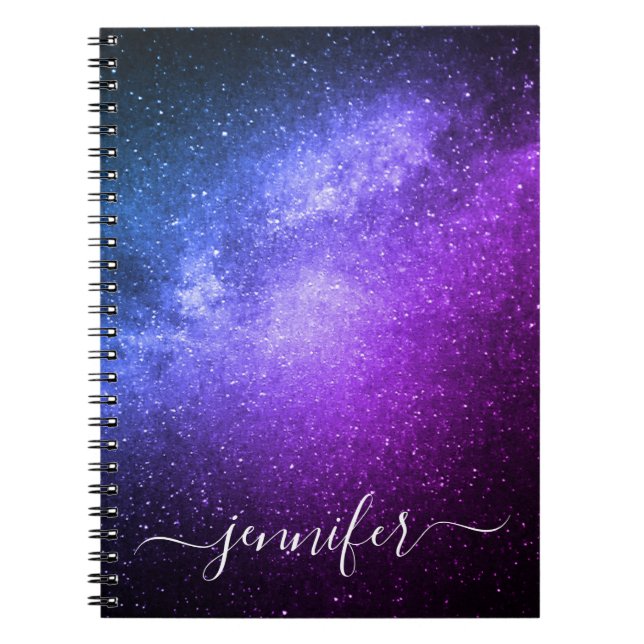 Caderno Espiral estrelas elegantes de galáxia roxa azul personaliz (Frente)
