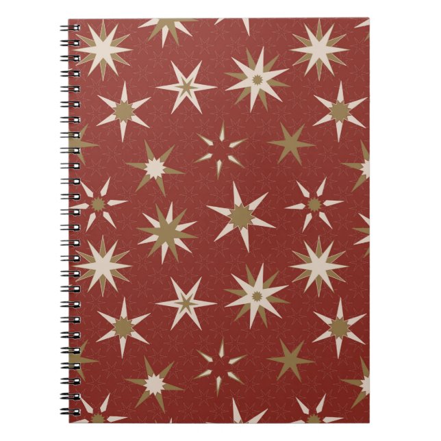 Caderno Espiral Estrelas Geo Douradas de Natal - em padrão vermelh (Frente)