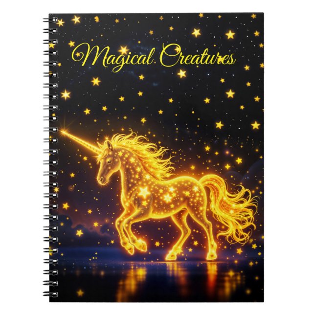 Caderno Espiral Estrelas luminosas de ouro de fantasia de unicórni (Frente)