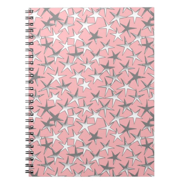 Caderno Espiral Estrelas prateadas, em rosa-casca (Frente)