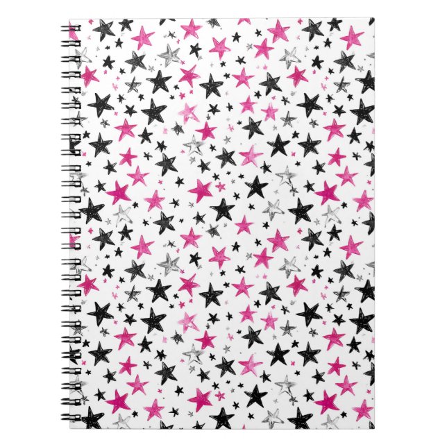 Caderno Espiral Estrelas Pretas Prateadas Rosa (Frente)