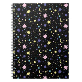Caderno Espiral Estrelas Roxas Rosa Lua Amarela Espaço Cósmico.