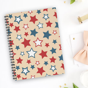 Caderno Espiral Estrelas Vermelhas e Azuis, 4 de Julho, Fundo Bege