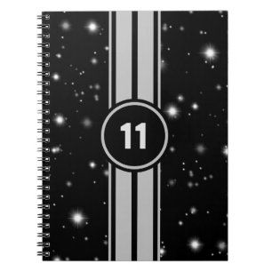 Caderno Espiral Estrelo de faixas de corridas pretas e prateadas