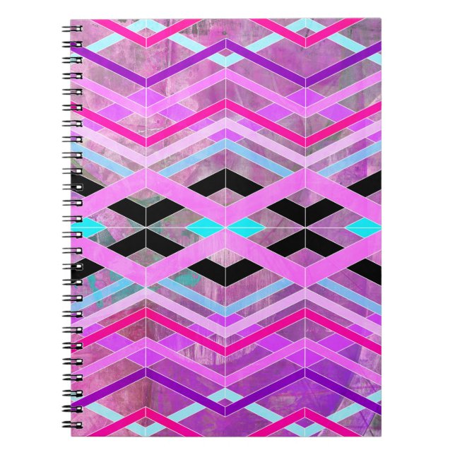 Caderno Espiral Estrias Geométricas de Pia Rosa Púrpura e Aqua (Frente)