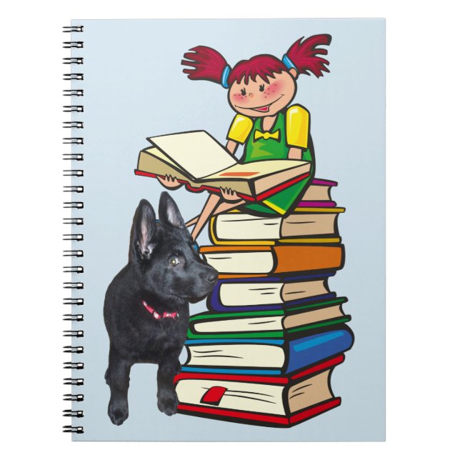 Caderno Espiral Estudo Buddy GSD Puppy e School Girl em livros (Frente)