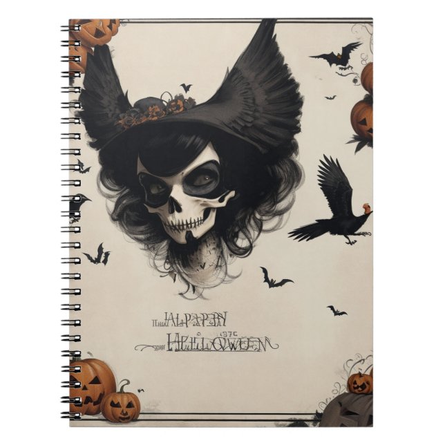 Caderno Espiral Ética Gótica para o Halloween Crow and Skull (Frente)