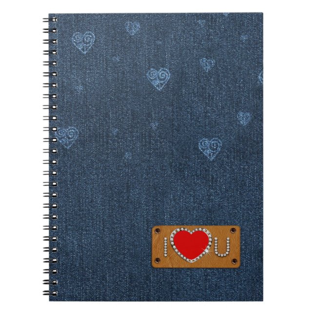 Caderno Espiral Eu Te Amo. Presente de padrão Denim Azul (Frente)