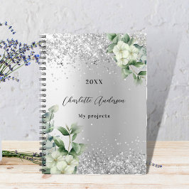Caderno Espiral Eucalipto floral branco prateado elegante