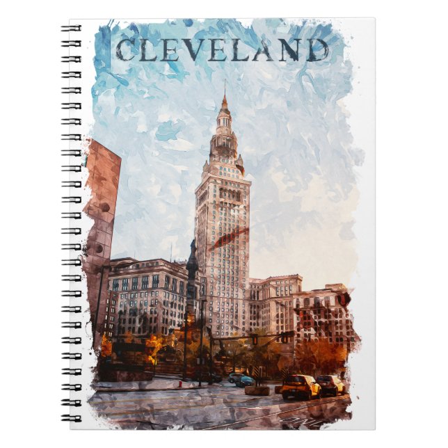 Caderno Espiral Exibição de Cidade de Aquarela de Cleveland Ohio (Frente)