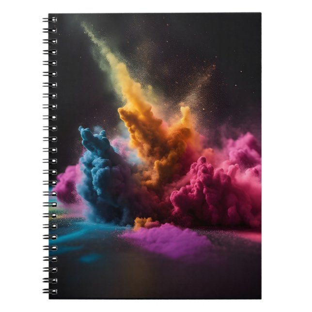 Caderno Espiral Explosão de Pó de Arco-íris em Preto (Frente)