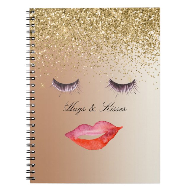 Caderno Espiral Eyelashes e Lábios Dourados Ombre da Glitter (Frente)