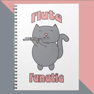 Caderno Espiral Fã de Flauta Música Flauta Gato Cinza Rosa